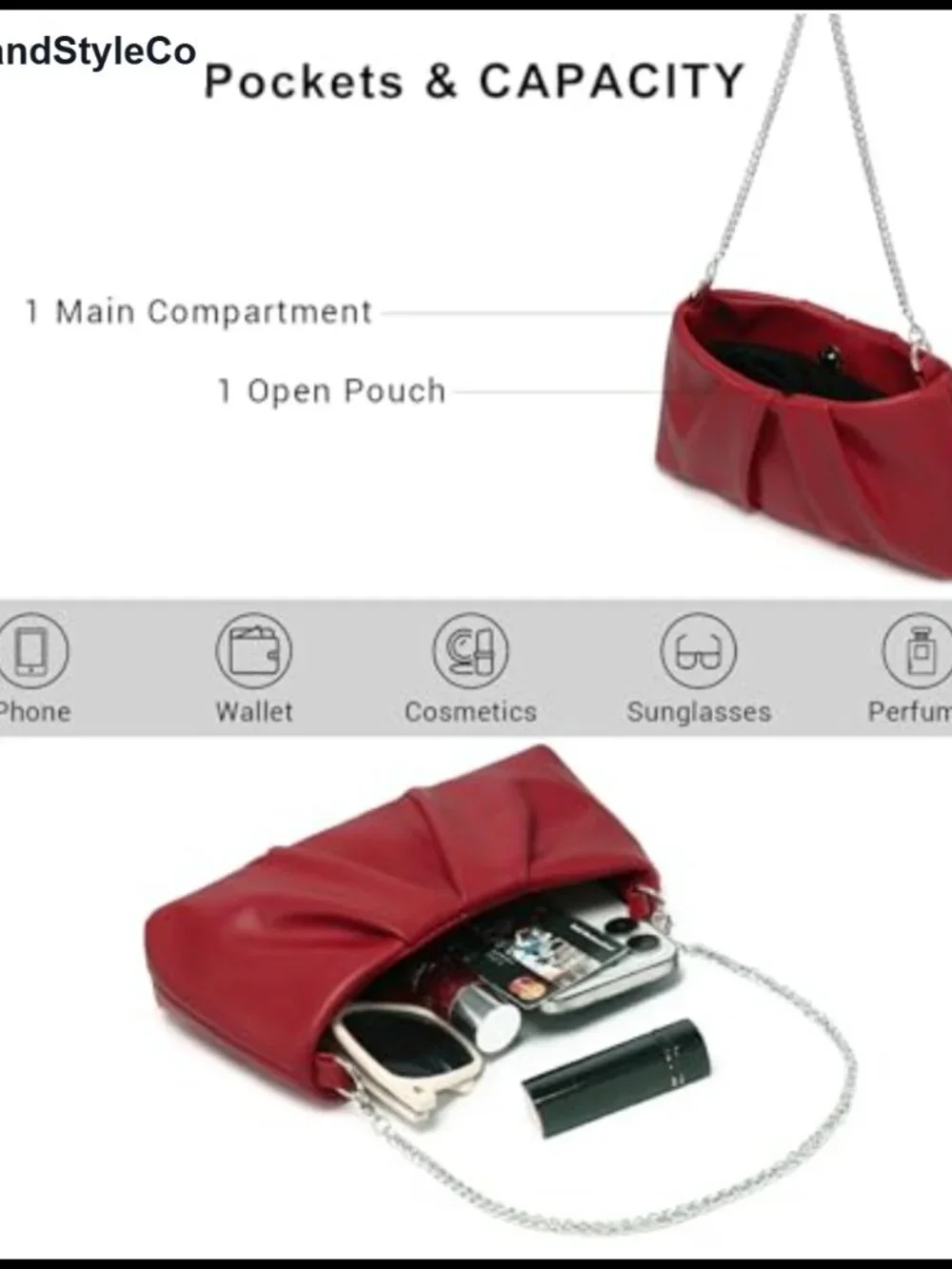 Elegant Pleated Evening Bag Vegan Leather Clutch with 2 Detachable Chain Straps